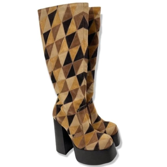 Jeffrey Campbell Shoes - Jeffrey Campbell Hey Joe Platform Patchwork Stacked Heel Tall Suede Boots Brown